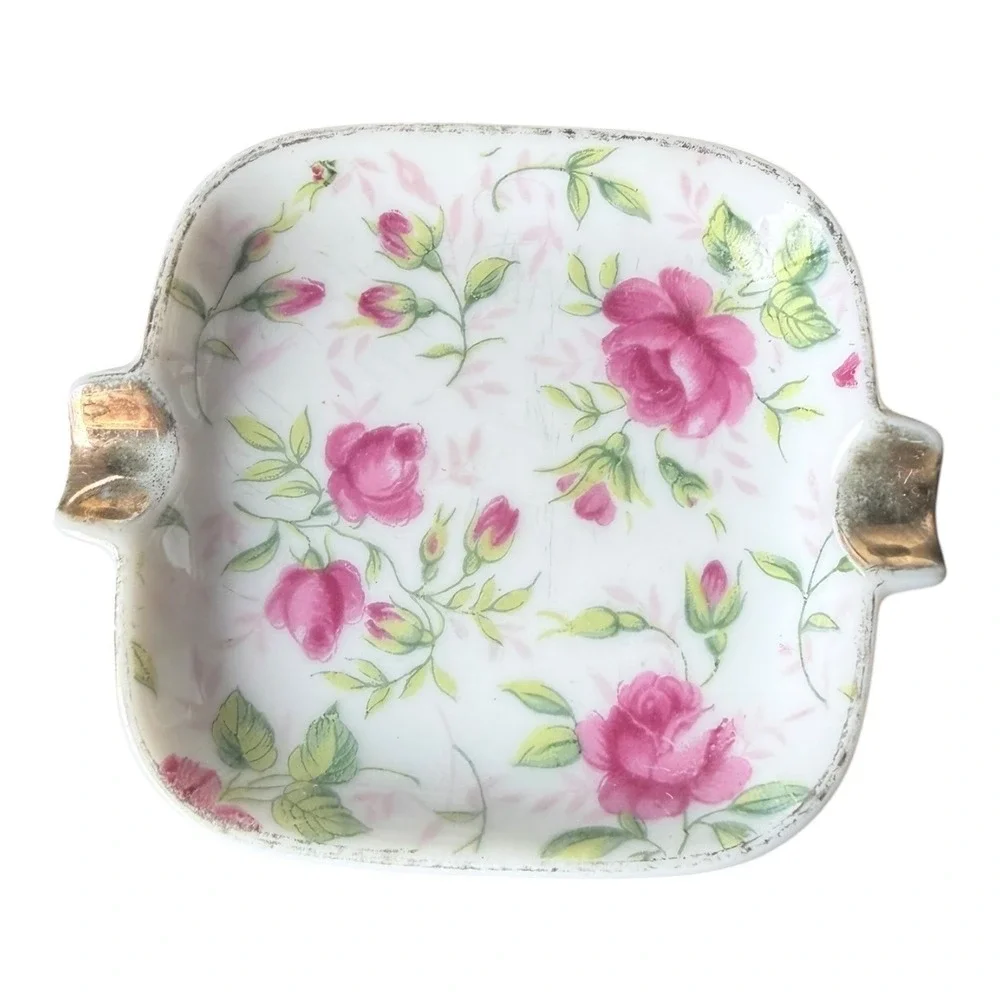 Unbranded‎ Porcelain Ashtray Pink Rose Floral Gold Trim Vtg Trinket Dish 3.5in